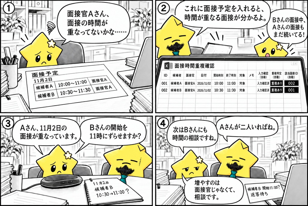 採用面接の重複確認|同一面接官・時間 Excel