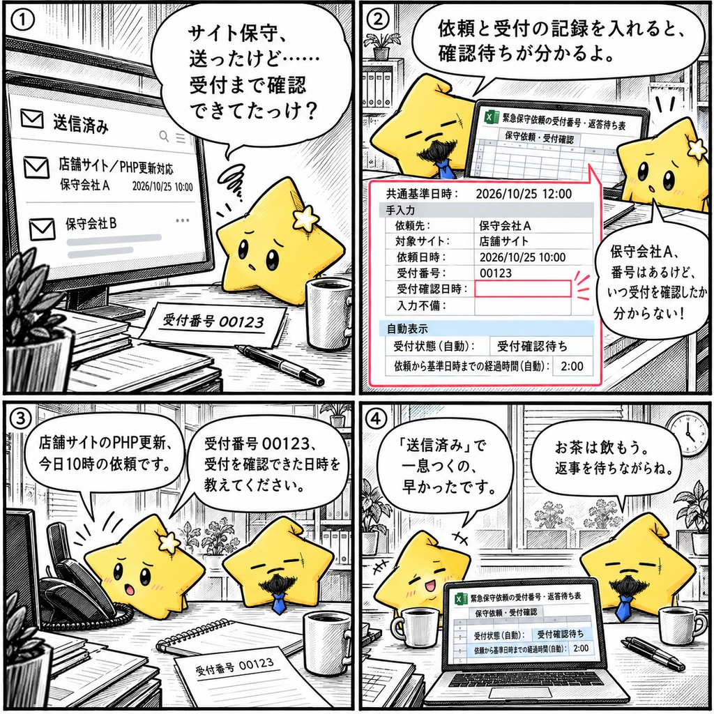 Web保守依頼の受付確認|受付番号 Excel