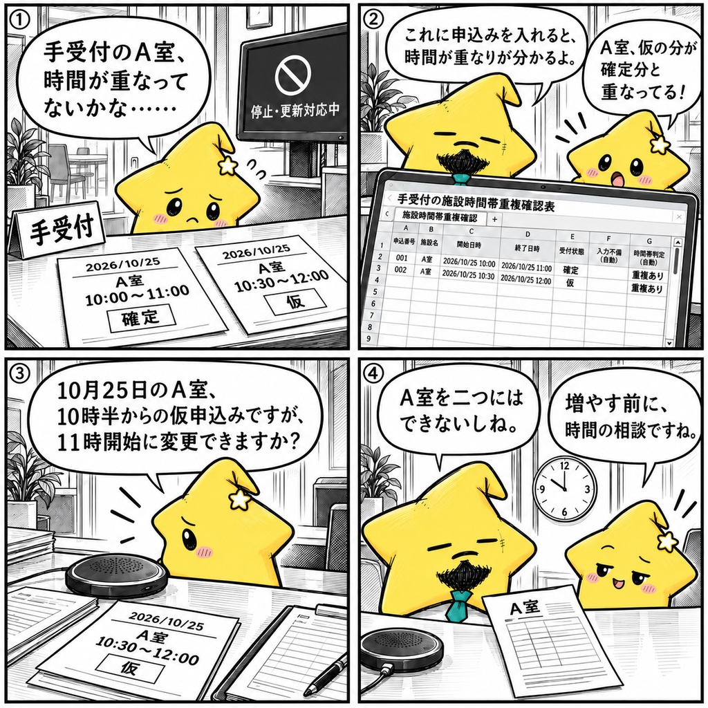 施設の手受付|時間帯の重複確認 Excel