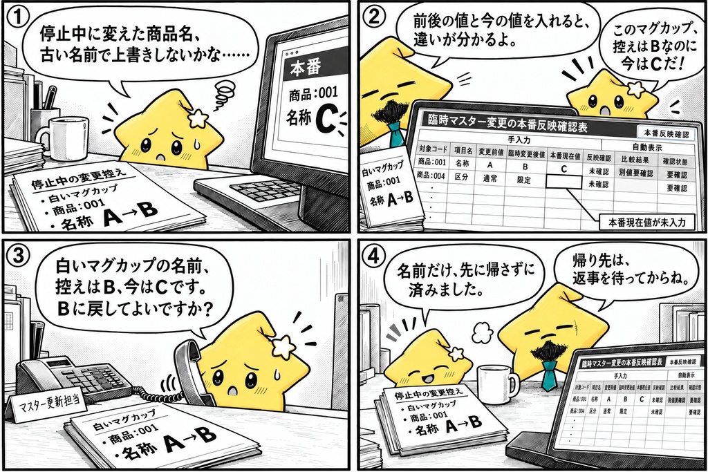 マスター反映確認|変更前後・本番値 Excel