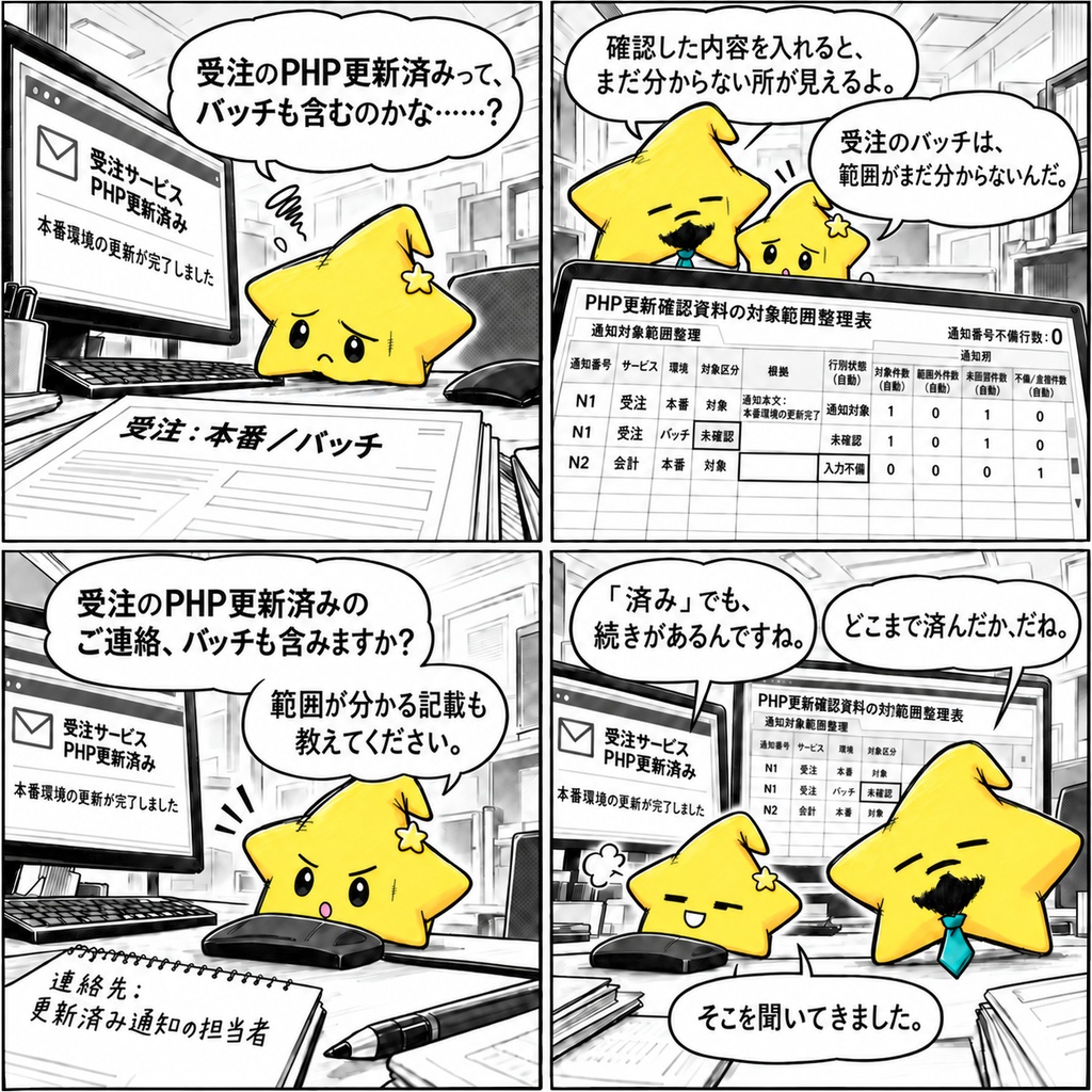 PHP更新通知の範囲整理|未確認環境 Excel