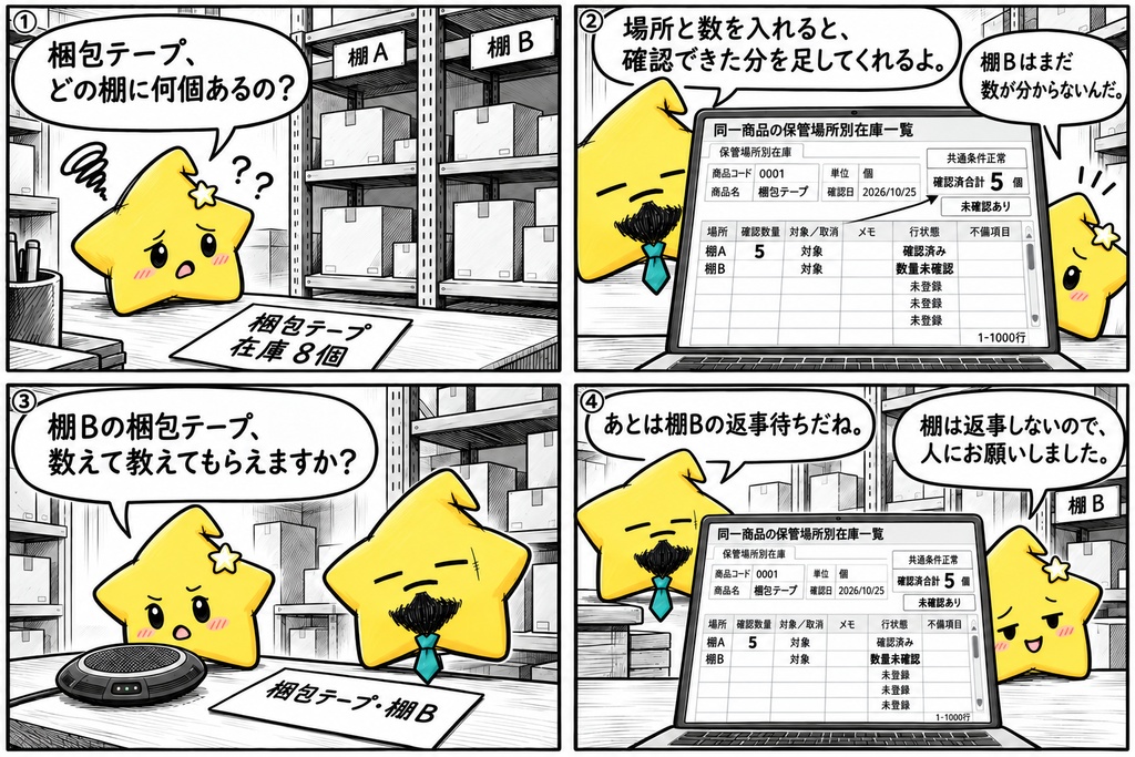 保管場所別在庫|数量・確認済合計 Excel