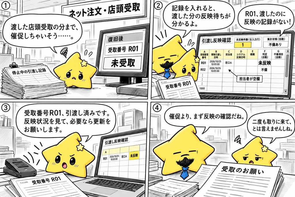 店頭受取の反映確認|未反映 Excel