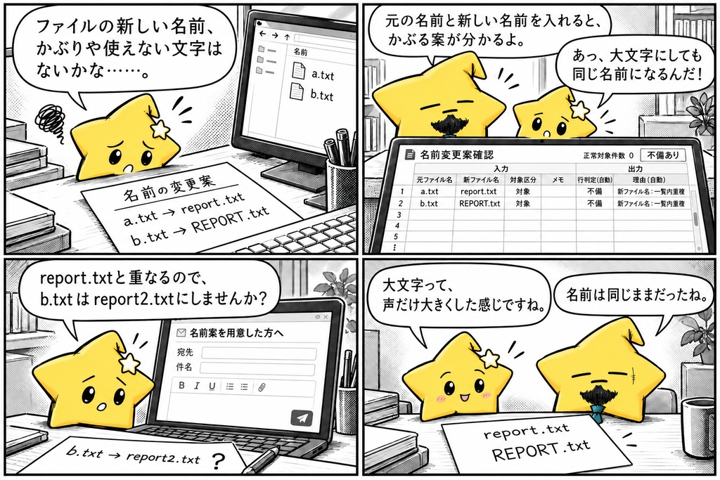 ファイル名変更前確認|重複・禁止文字 Excel