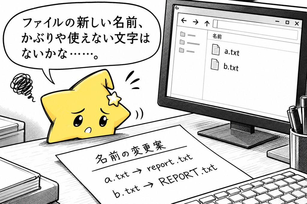 ファイル名変更前確認｜重複・禁止文字 Excel