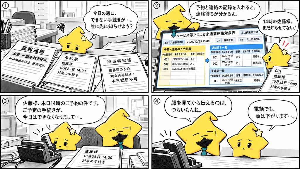 サービス停止時の来店前連絡|連絡待ち Excel