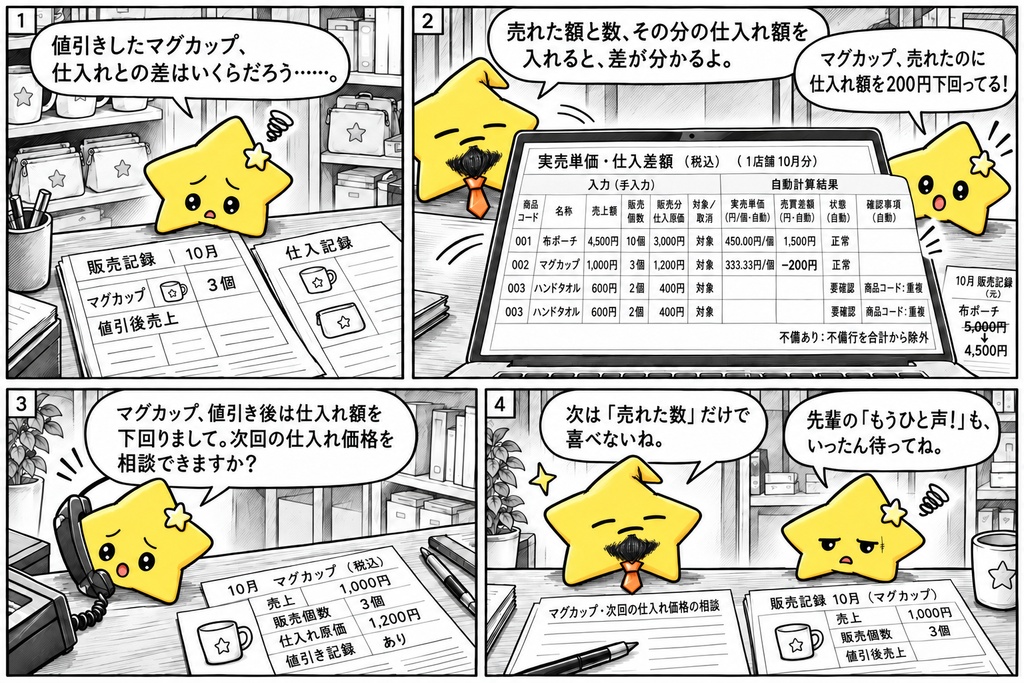 商品別の販売確認|実売単価・売買差額 Excel