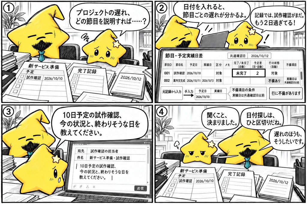 プロジェクト節目確認|完了状況・予定差 Excel