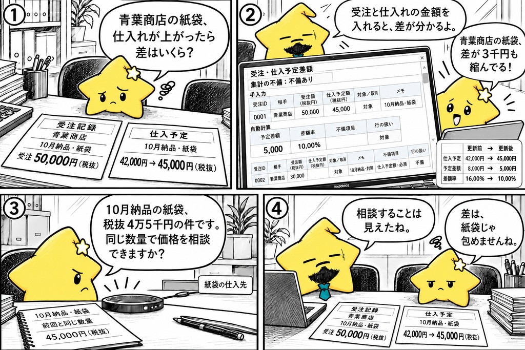 受注・仕入予定の比較|差額・差額率 Excel