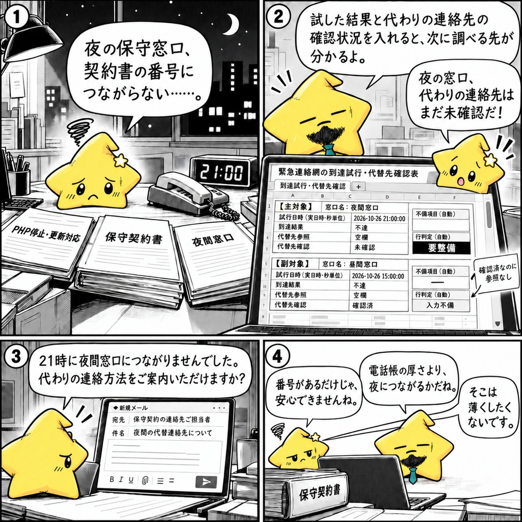 緊急連絡の試行記録|到達結果・代替先 Excel