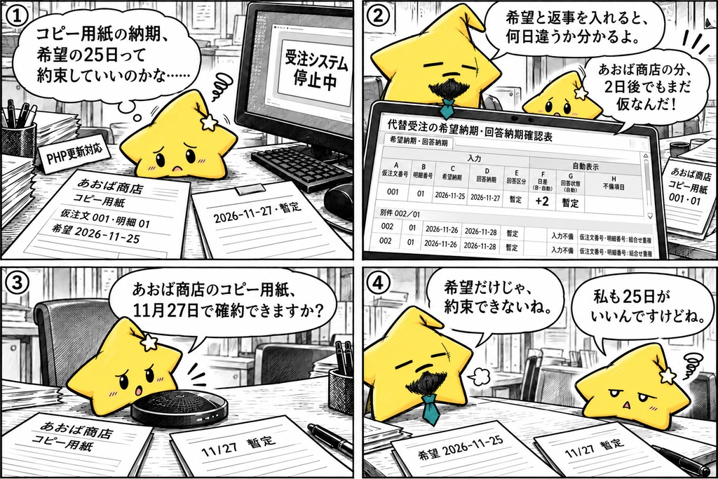 代替受注の納期確認|希望日・回答日 Excel