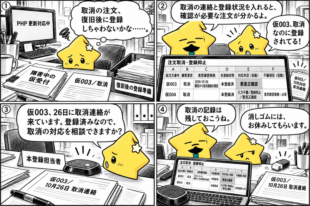 仮注文の取消管理|顧客意思・登録状態 Excel