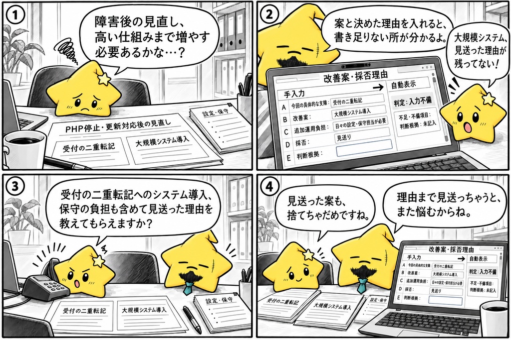 障害対応の改善案整理|採否・理由 Excel
