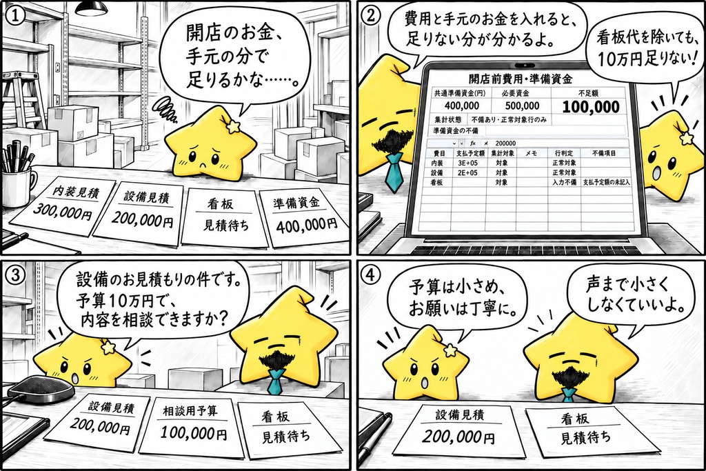 開店資金の確認|必要額・不足額 Excel
