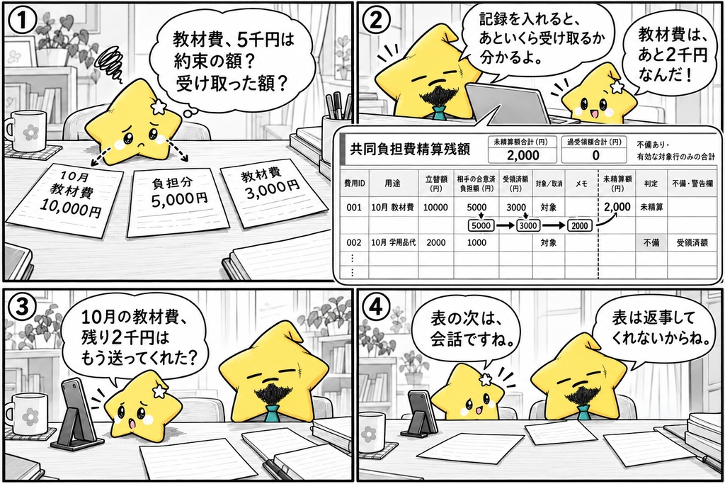 共同負担費の精算|未精算・過受領 Excel