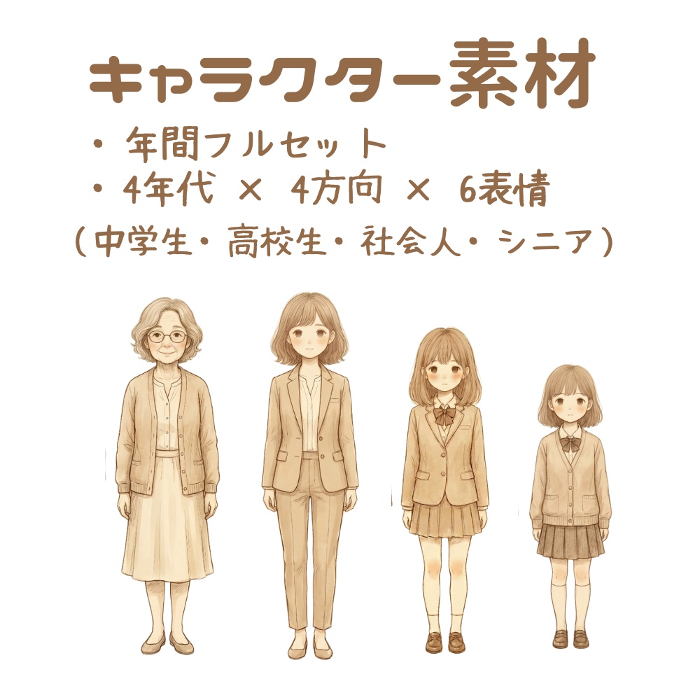 キャラクター素材｜年間フルセット（4年代×4方向×6表情）