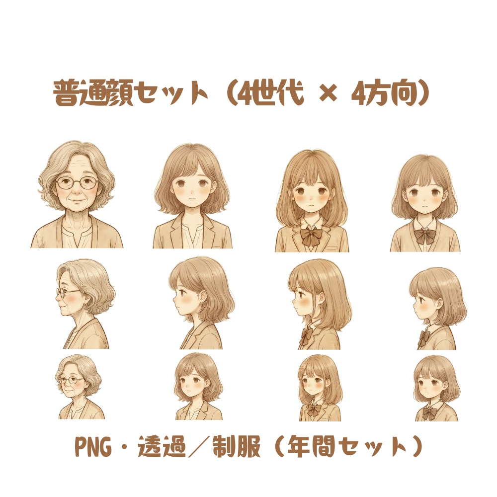 普通顔セット｜4世代 × 4方向（PNG・透過）