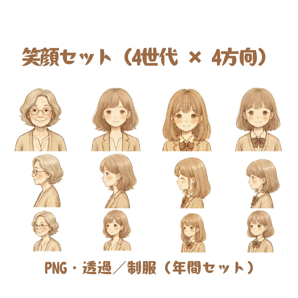 笑顔セット｜4世代 × 4方向（PNG・透過）