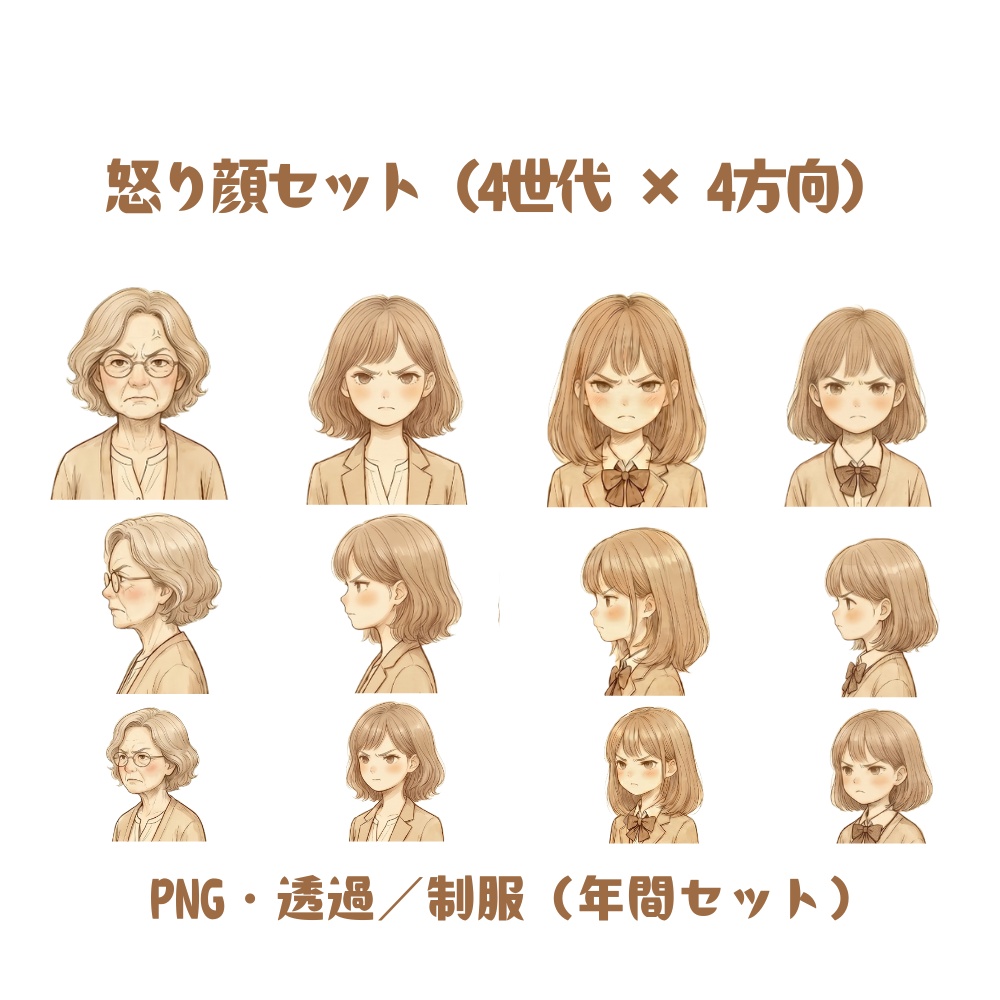 怒り顔セット｜4世代 × 4方向（PNG・透過）