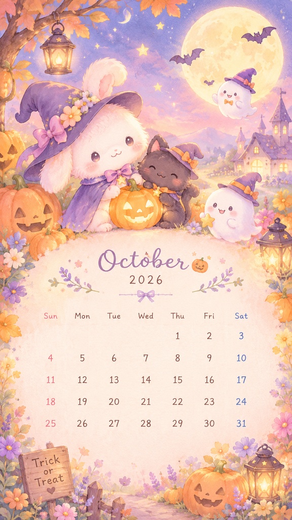 ふわりのハロウィンスマホカレンダー 2026年10月