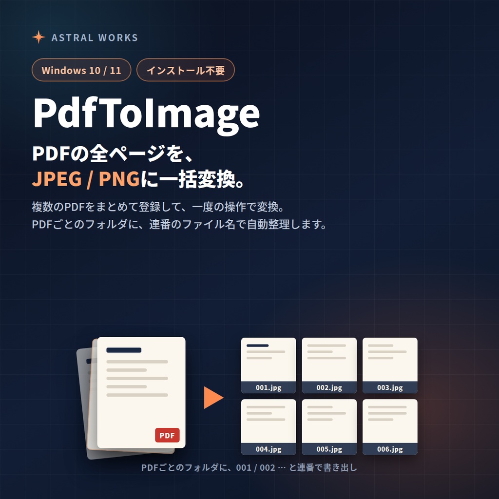 【PDF一括変換】PDFの全ページをJPEG/PNGに自動変換｜PdfToImage（Windows / インストール不要）