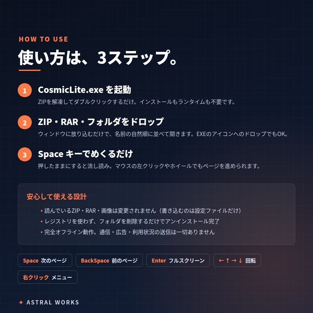 【無料】ZIP・RAR・フォルダをドロップして読むだけ|軽量画像ビューア CosmicLite(Windows / インストール不要)