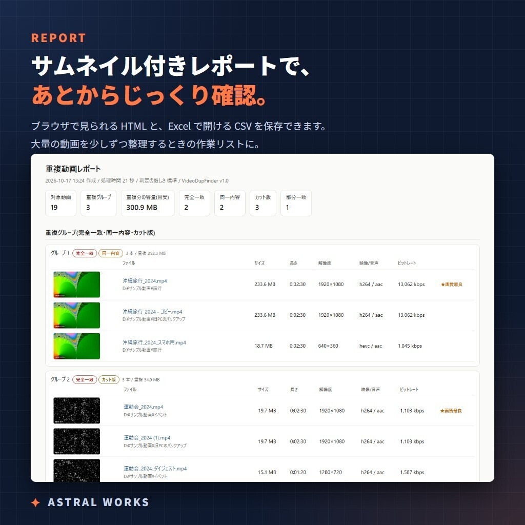 【ストレージ節約】名前が違っても“中身”で同じ動画を発見|重複動画検出ツール VideoDupFinder(Windows / インストール不要)