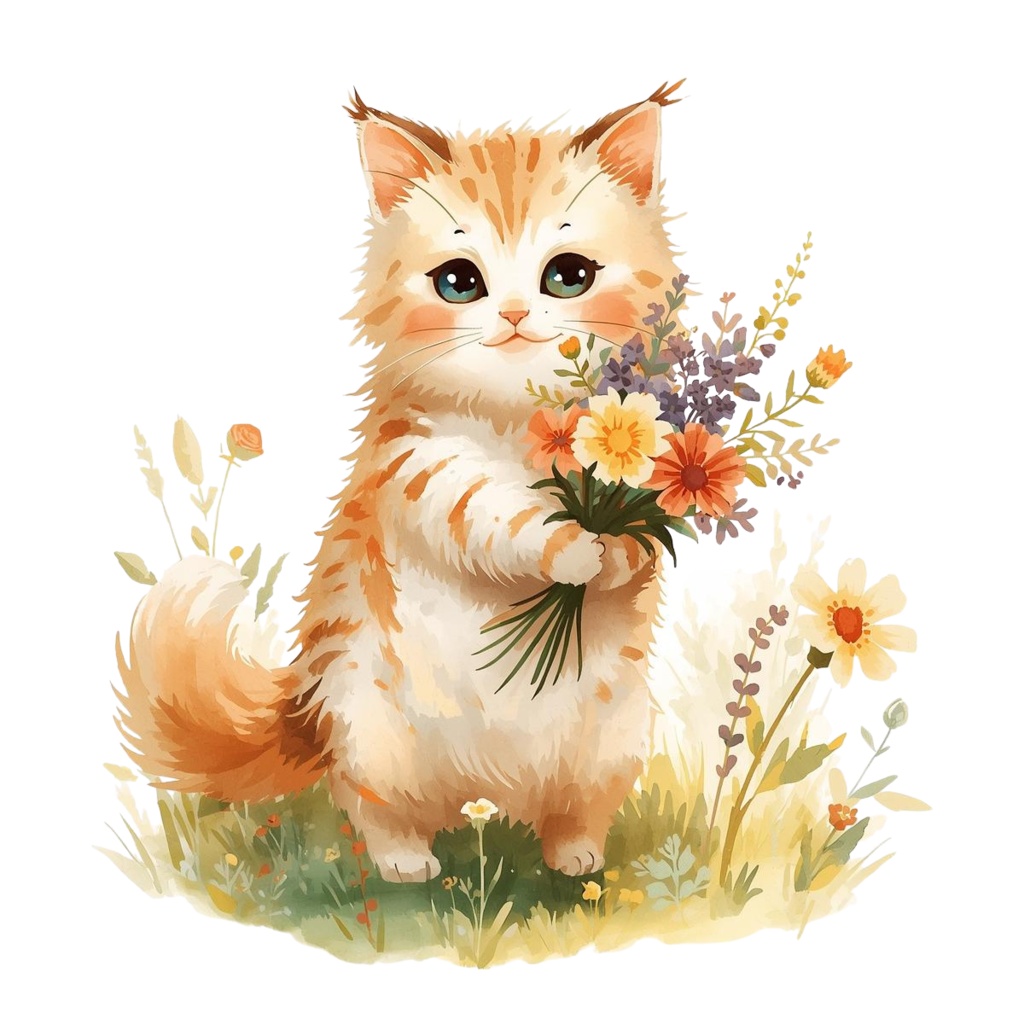 やさしい猫と花束のクリップアートセット 10PNG 背景透過/表示のみPDF/商用利用可