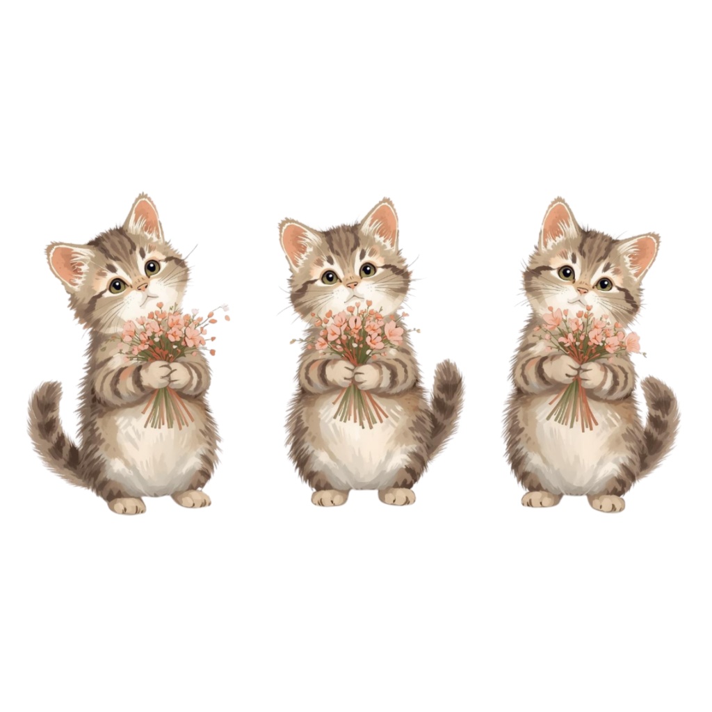 やさしい猫と花束のクリップアートセット 10PNG 背景透過/表示のみPDF/商用利用可