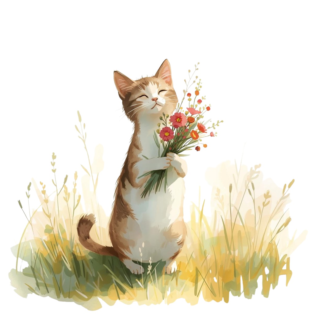 やさしい猫と花束のクリップアートセット 10PNG 背景透過/表示のみPDF/商用利用可