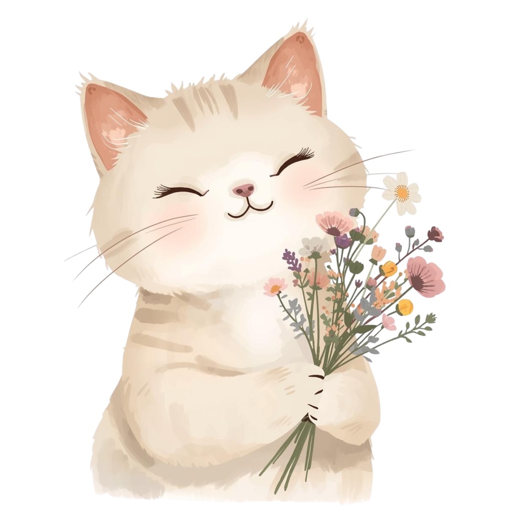 やさしい猫と花束のクリップアートセット 10PNG 背景透過/表示のみPDF/商用利用可