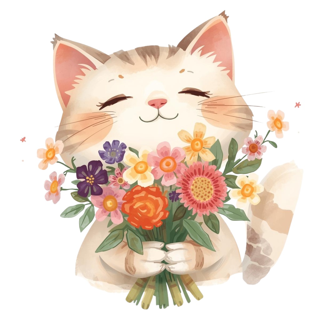 やさしい猫と花束のクリップアートセット 10PNG 背景透過/表示のみPDF/商用利用可