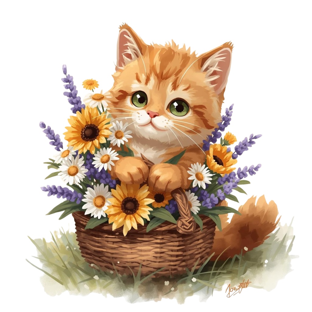 やさしい猫と花束のクリップアートセット 10PNG 背景透過/表示のみPDF/商用利用可