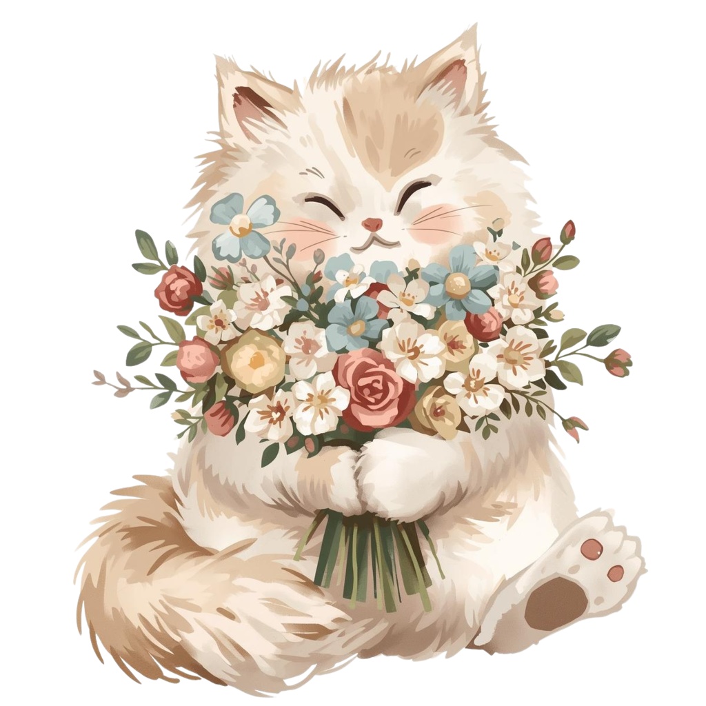 やさしい猫と花束のクリップアートセット 10PNG 背景透過/表示のみPDF/商用利用可