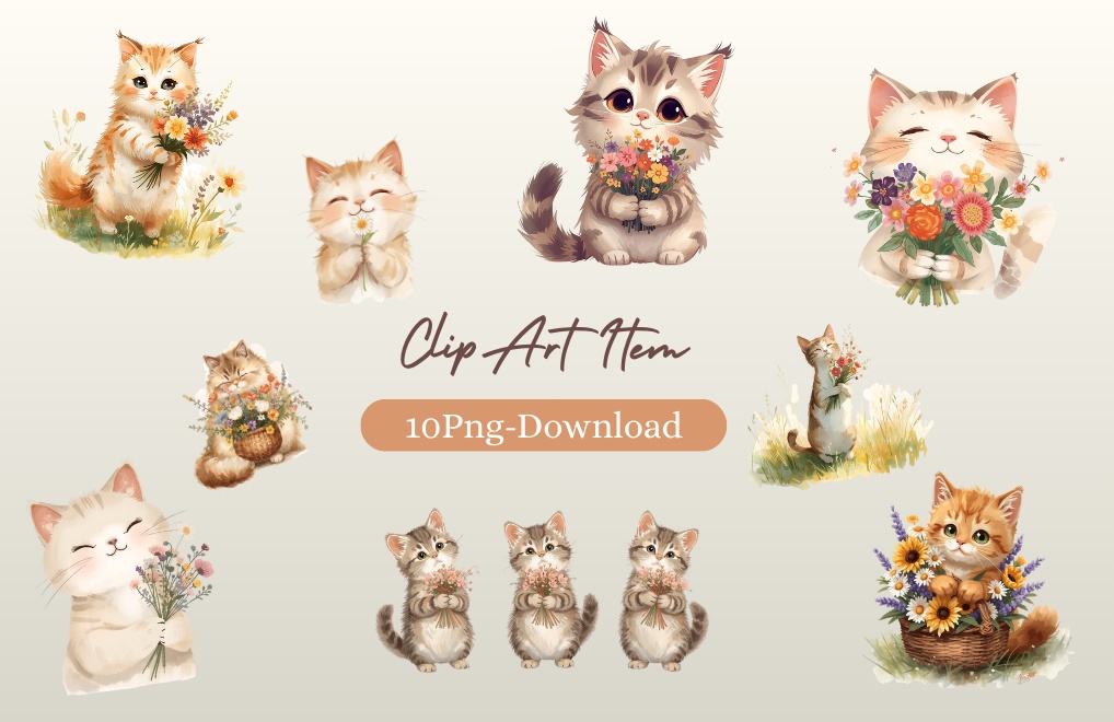 やさしい猫と花束のクリップアートセット 10PNG 水彩風イラスト素材