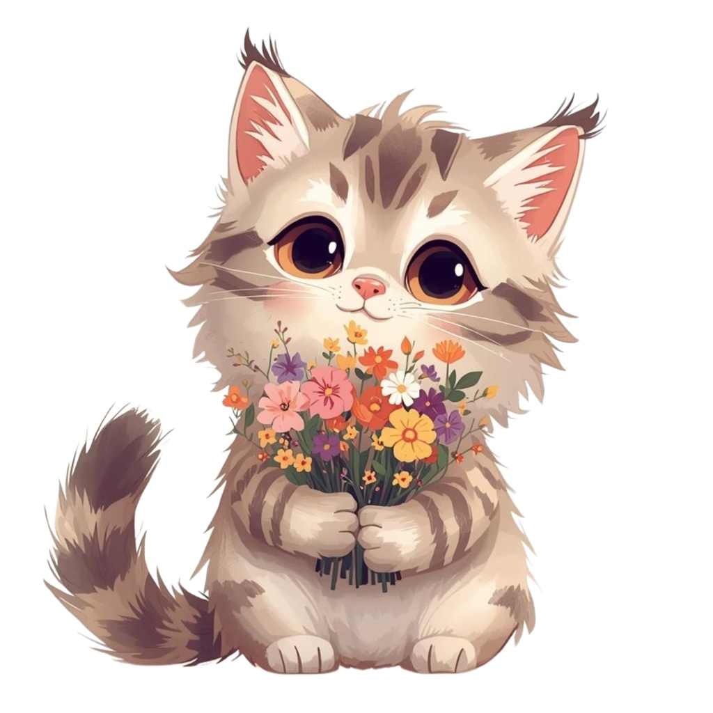 やさしい猫と花束のクリップアートセット 10PNG 背景透過/表示のみPDF/商用利用可