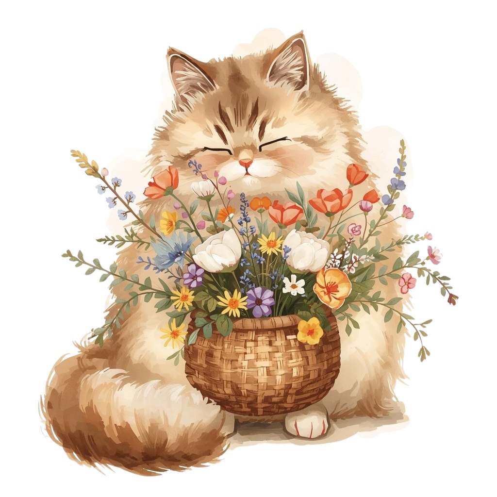 やさしい猫と花束のクリップアートセット 10PNG 背景透過/表示のみPDF/商用利用可