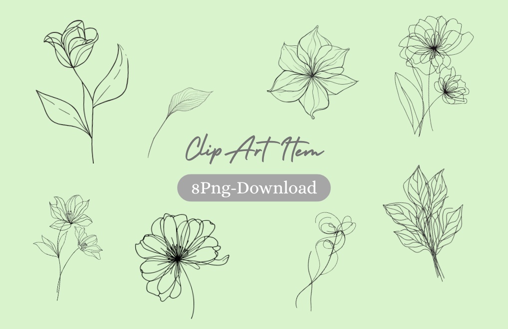 シンプルフラワーラインアート 8PNG /背景透過済/商用可・表示のみPDF