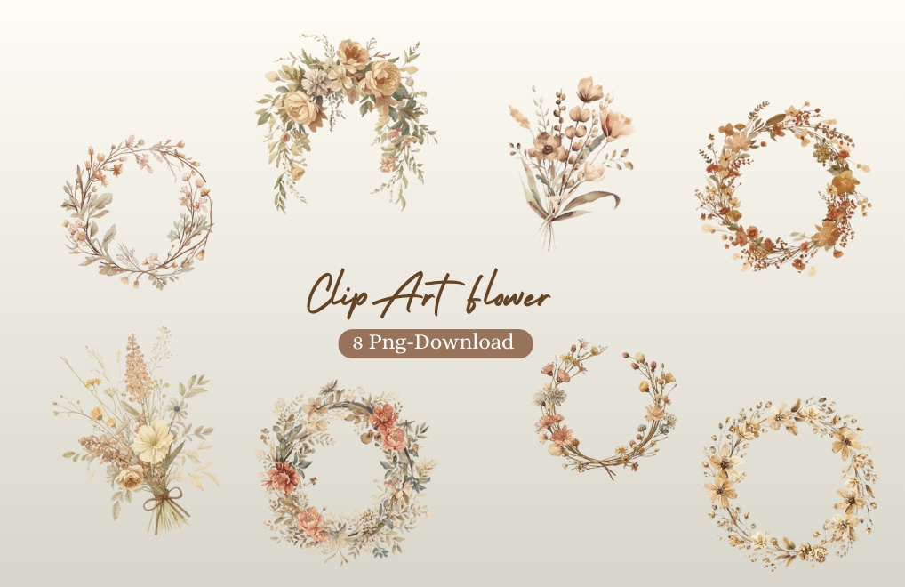 ナチュラル淡色ドライフラワー素材8点セット /背景透過PNG/表示のみPDF/商用利用可