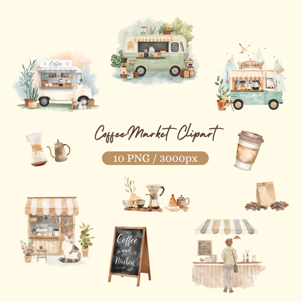 コーヒーマルシェ Canvaテンプレート|水彩キッチンカー|10点|3000px Coffee Market Canva Template|Watercolor Coffee Truck|10 Designs