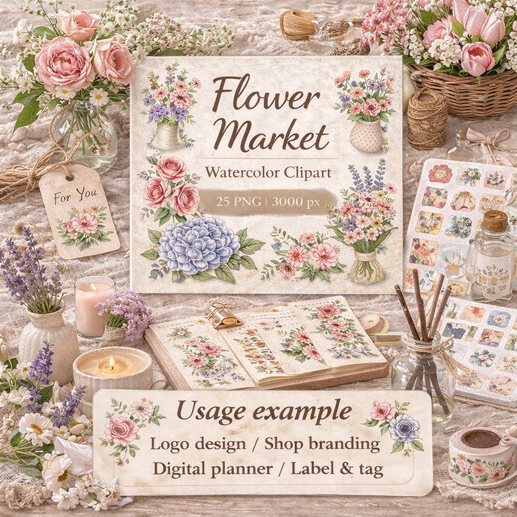 Flowerマルシェの水彩クリップアート|背景透過PNG 15点セット|3000px|商用利用可