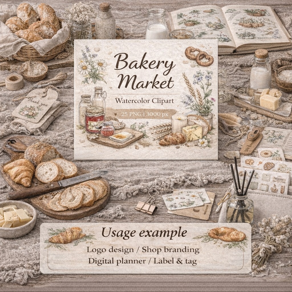 やさしいベーカリーマルシェ|Bakery Marche Clipart|15PNG・3000×3000px|Canvaテンプレート