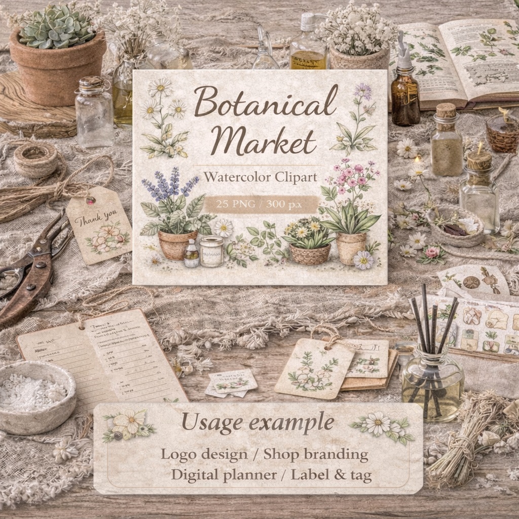 やさしいボタニカルマルシェ|Botanical Marché Clipart|16PNG・3000px・Canvaテンプレート・商用利用可