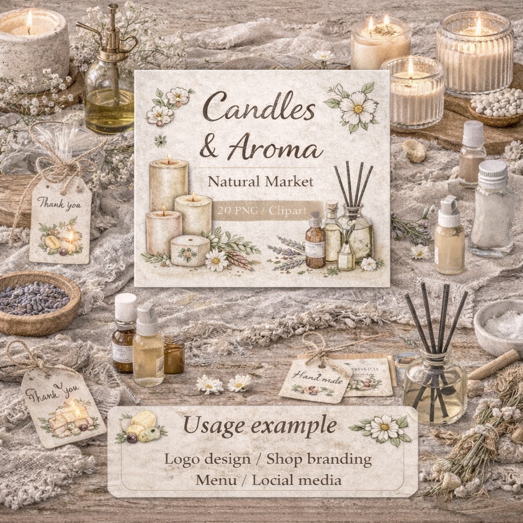 キャンドルとアロマのナチュラルマルシェ|水彩クリップアート15PNG|Canvaテンプレート|商用利用可