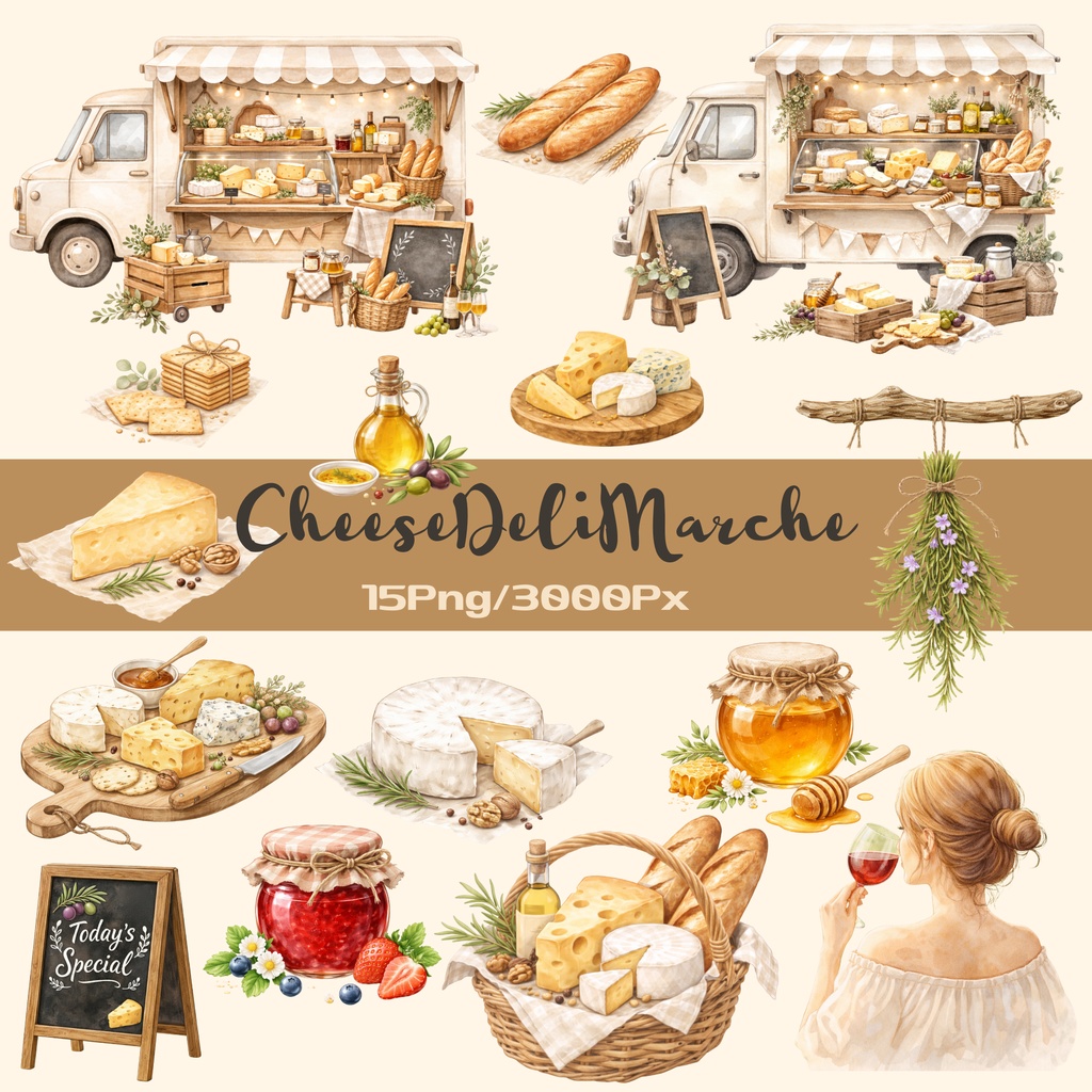 チーズデリマルシェ|水彩クリップアート15PNG|Canvaテンプレート・商用利用可