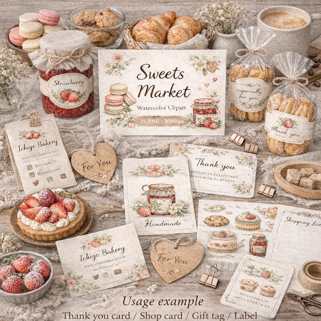 スイーツマルシェ|水彩クリップアート17点+Canvaテンプレート Sweet Dessert Marché Clipart | 17 PNG Watercolor Illustrations + Canva Templates