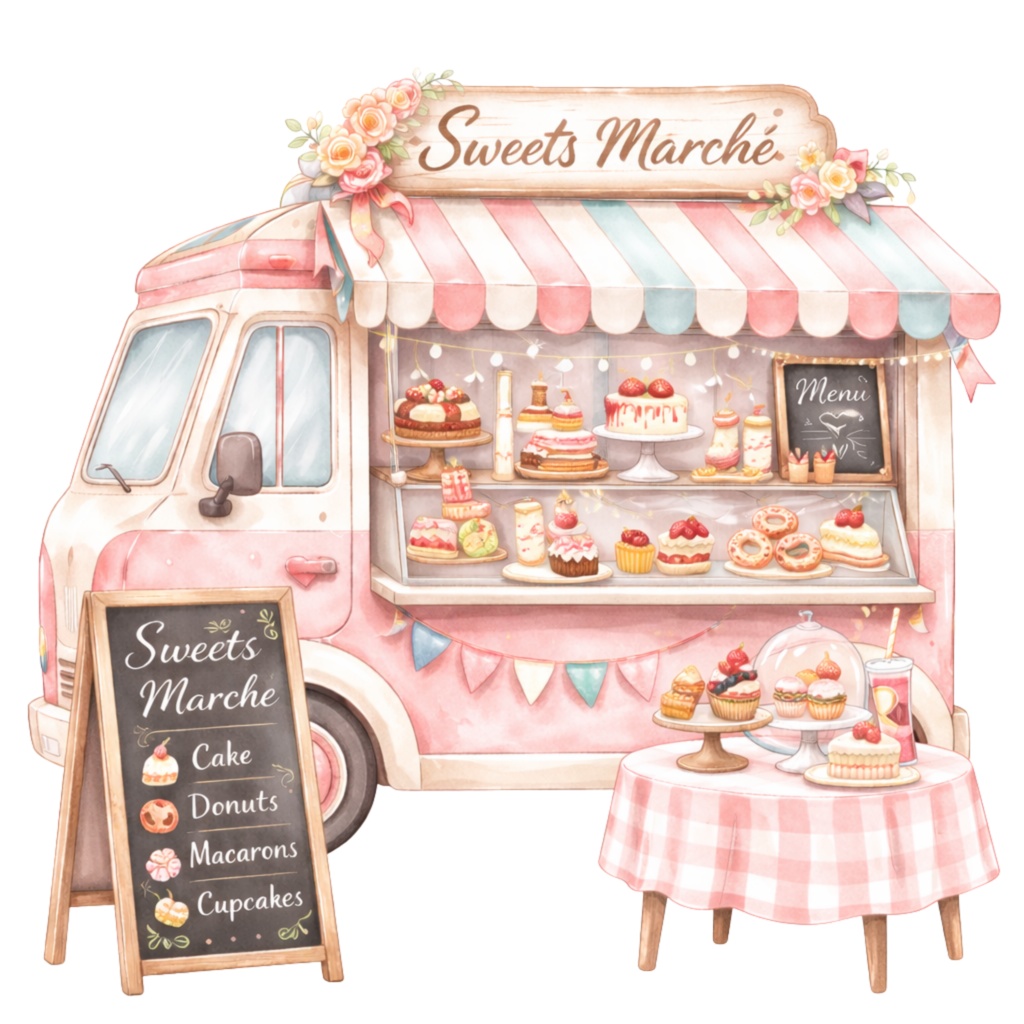 スイーツマルシェ|水彩クリップアート17点+Canvaテンプレート Sweet Dessert Marché Clipart | 17 PNG Watercolor Illustrations + Canva Templates