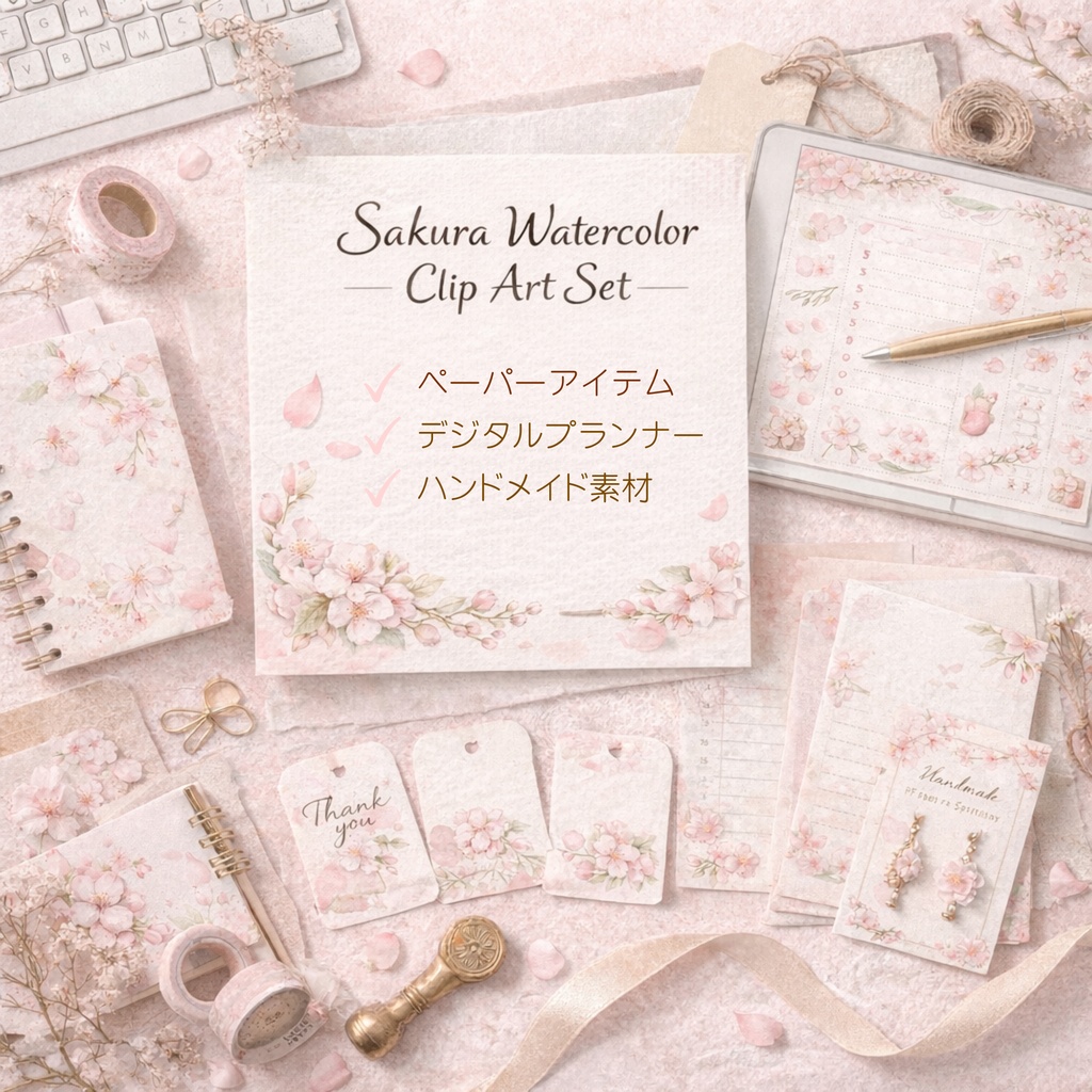 さくら水彩クリップアート素材|春の和スイーツ&桜イラスト|PNG20点|3000px|Canvaテンプレート Sakura Watercolor Clip Art Set | Cherry Blossom & Spring Sweets | 20 PNG | 3000px | Canva Template