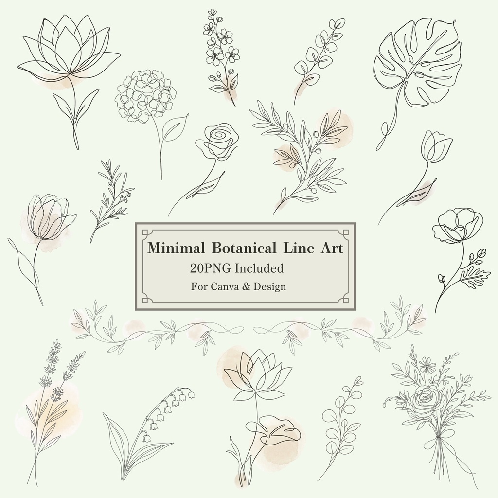 ボタニカルラインアート素材集|ミニマル・大人っぽい花のクリップアート(透過PNG) Minimal Botanical Line Art Clipart Set | Elegant Floral PNG (Transparent)