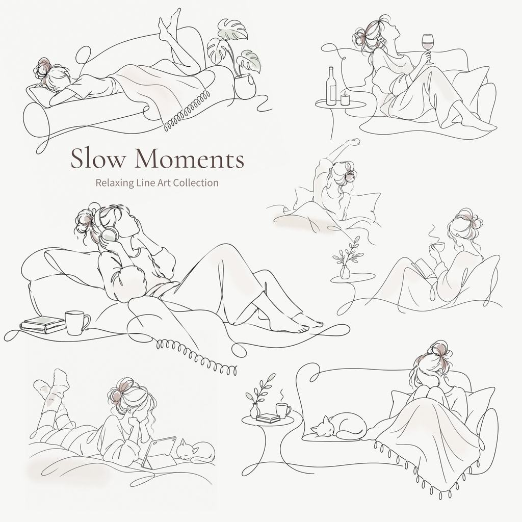 Slow Moments|ゆったり過ごす休日のラインアート 7点セット|背景透過PNG